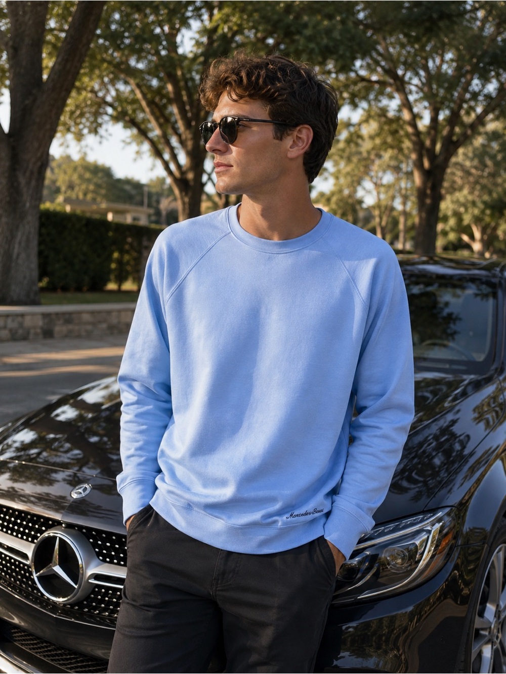 Men's Holderness & Bourne Dry Lux Embroidered Mercedes- Benz Crewneck Light Blue
